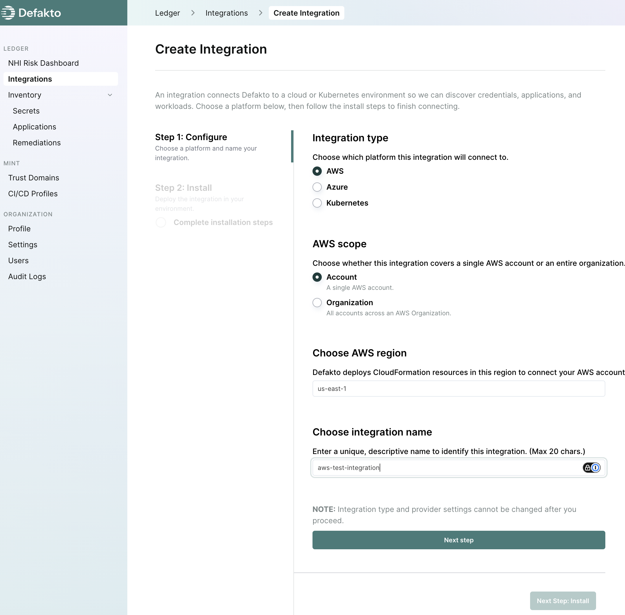 Ledger AWS Integration Creation